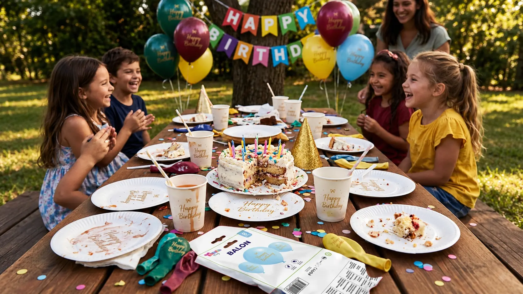 Children celebrating a birthday at an outdoor party table set with Tevoria paper plates, cups and balloons