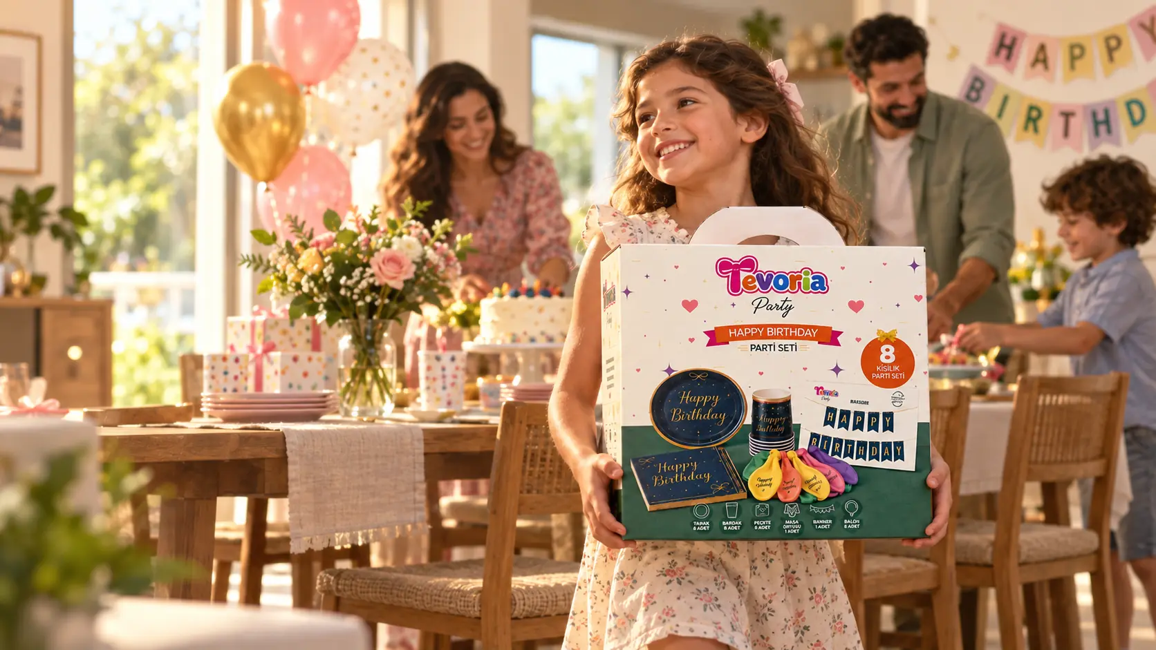 Girl holding a Tevoria Happy Birthday party set box, shelf-ready packaging for small counter stands